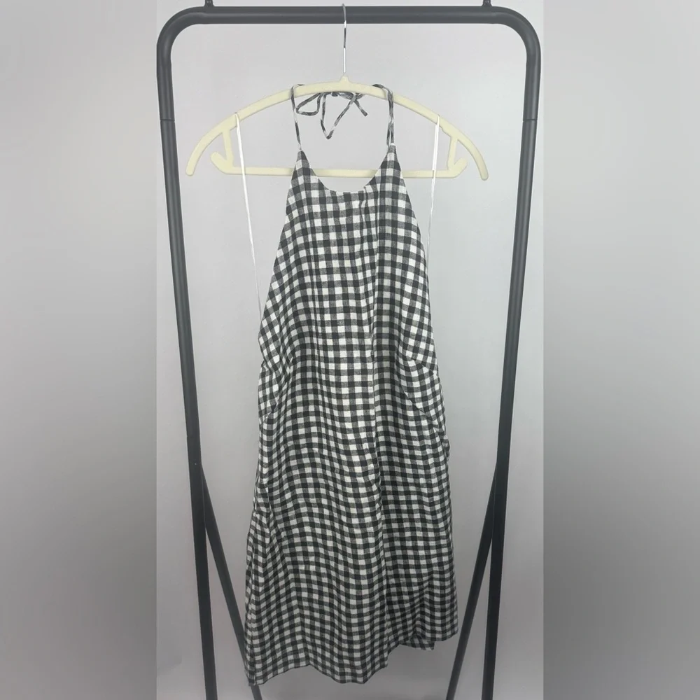 Abercrombie & Fitch Gingham Halter Mini Dress Large Tall Black White Linen Blend - Picture 7 of 11